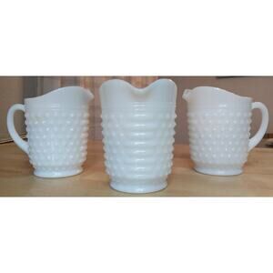 THREE Vintage 5" Milk Glass Hobnail Pitchers, Farmhouse Country Cottage Decor